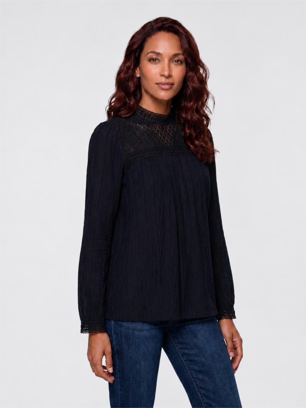 Kensie Black Embroidered Lace Mock Neck Blouse Top Sheer Geometric Boho Women XS